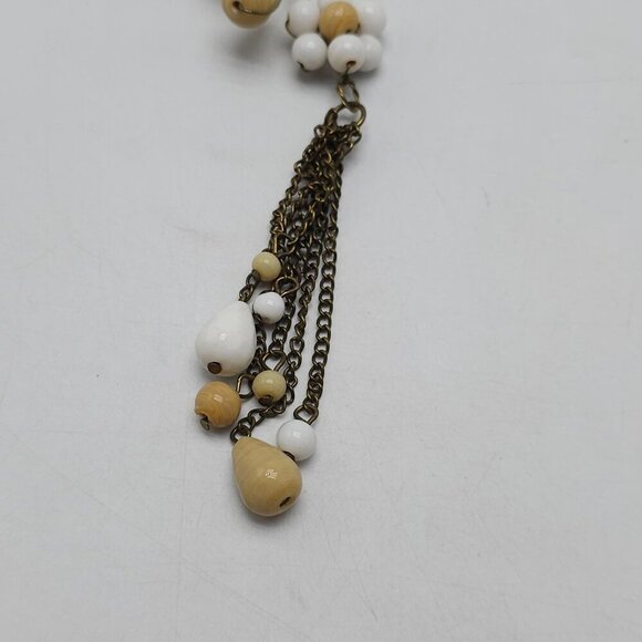 Boho Floral Necklace With Beige  White Polished Stones Chain Tassel Artisan - Picture 2 of 10